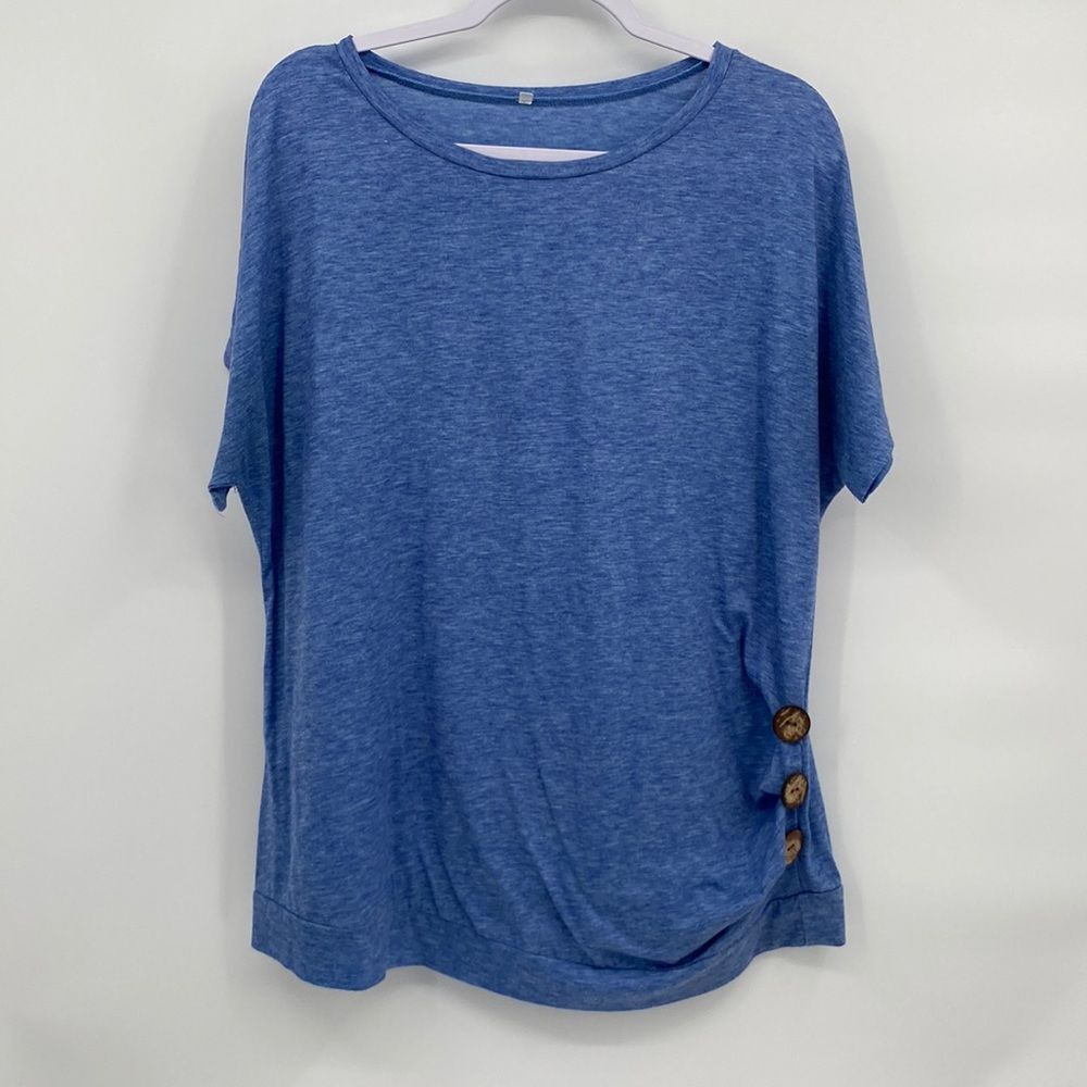Womens Scoop Neck Short Sleeve Side Button Accent Pullover Top Tee Blue Size 2XL